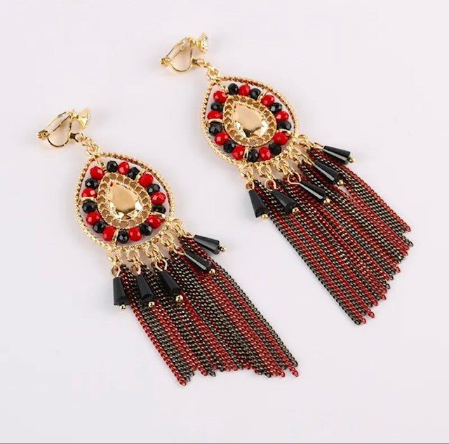 Clip on 3 3/4" Xlong gold, red and black bead chain earrings