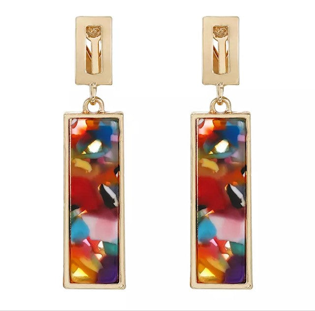 Clip on 2" gold multi colored stone long dangle earrings