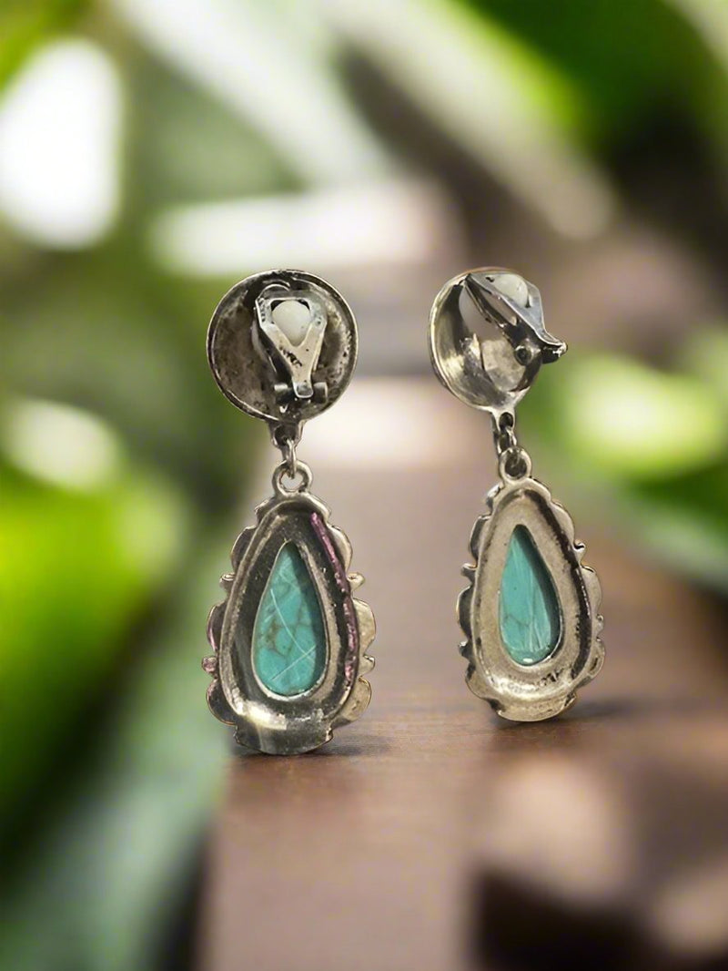 Clip on 2" western silver and teardrop turquoise stone earrings