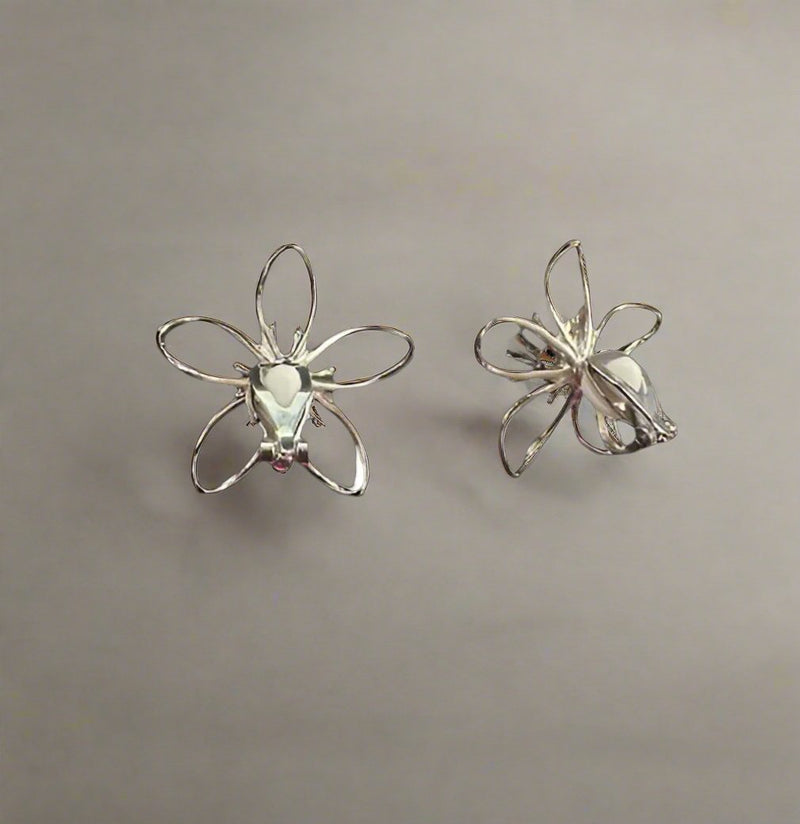 Clip on 1 1/4" silver cutout wire flower button style earrings