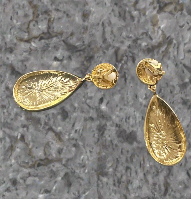 Clip on 2" gold hammered dangle teardrop earrings