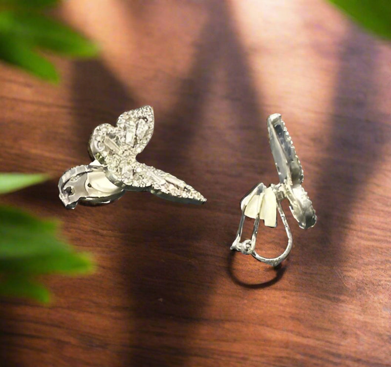 Clip on 3/4" silver and clear stone butterfly button earrings