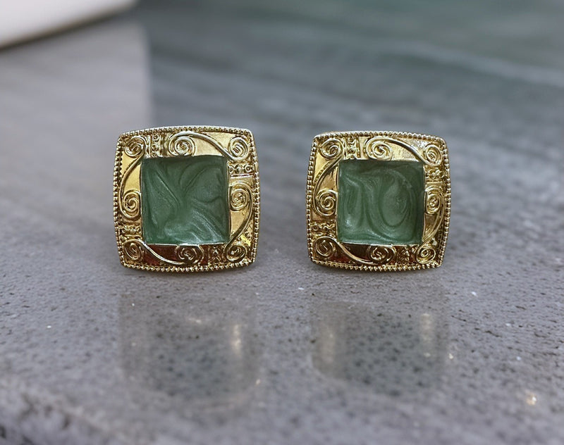 Clip on 1" gold and green cream stone square earrings