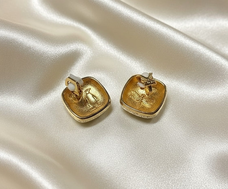 Clip on 3/4" small gold textured square scoop style earrings