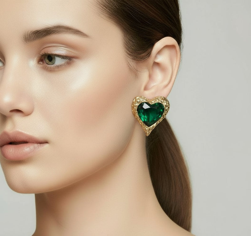 Clip on 1 1/4" gold and green hammered stone button style heart earrings