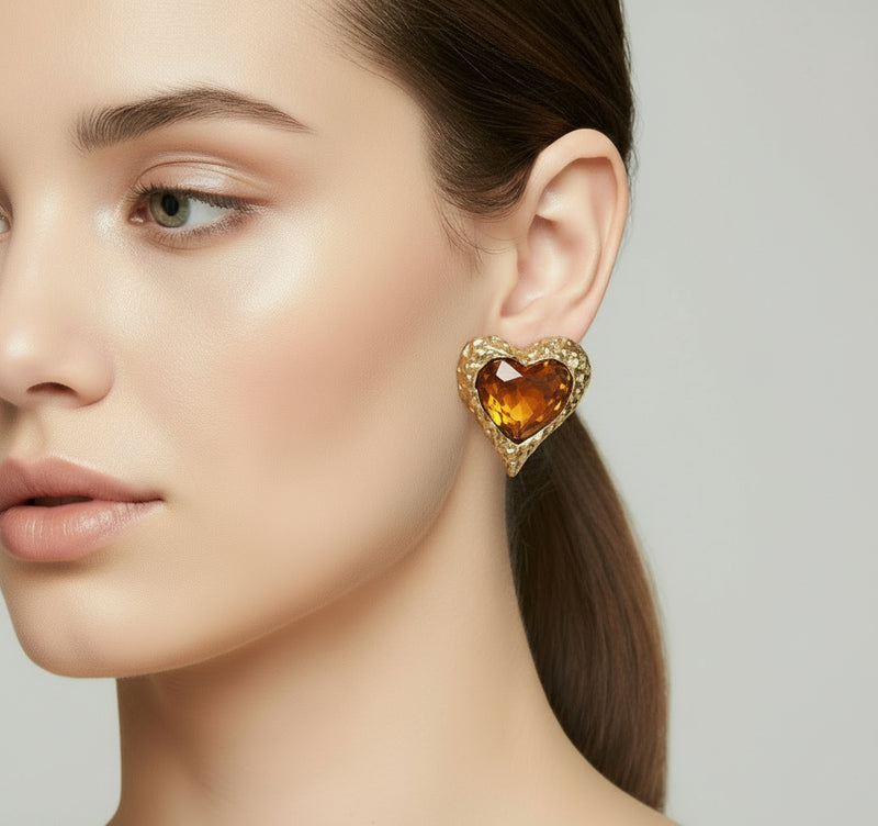 Clip on 1 1/4" gold and brown hammered stone button style heart earrings