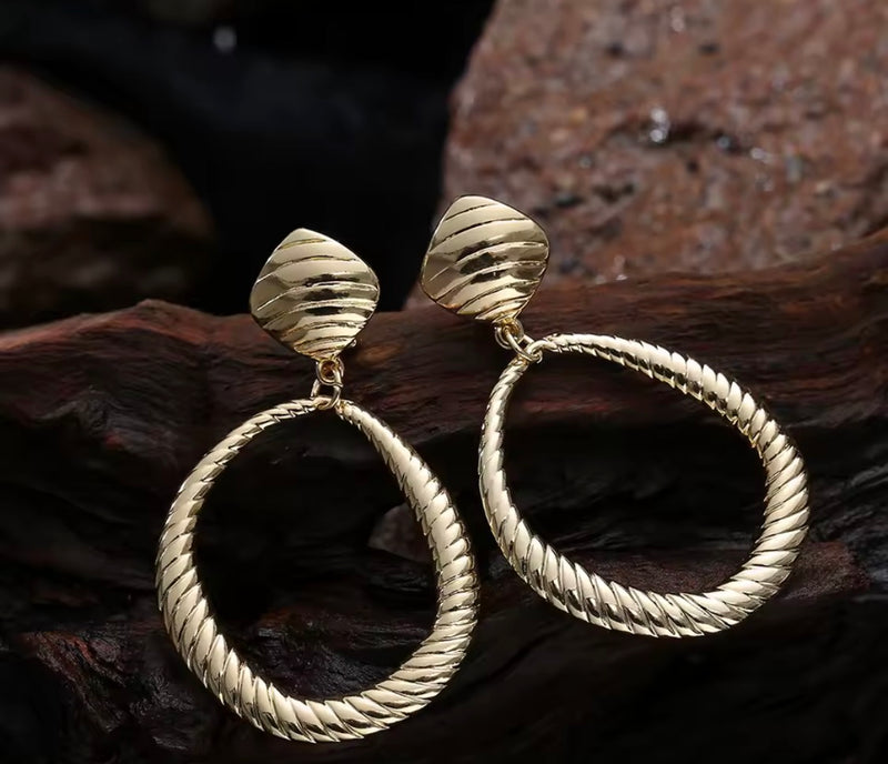 Clip on 2 1/2" round gold top earrings with dangle turquoise woven hoop