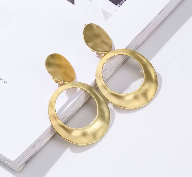 Clip on 3" Xlarge matte gold flat hammered graduated hoop earrings