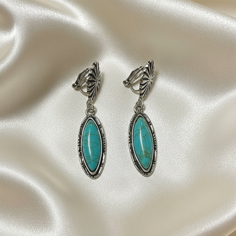 Clip on 2" western silver and turquoise stone pointed earrings