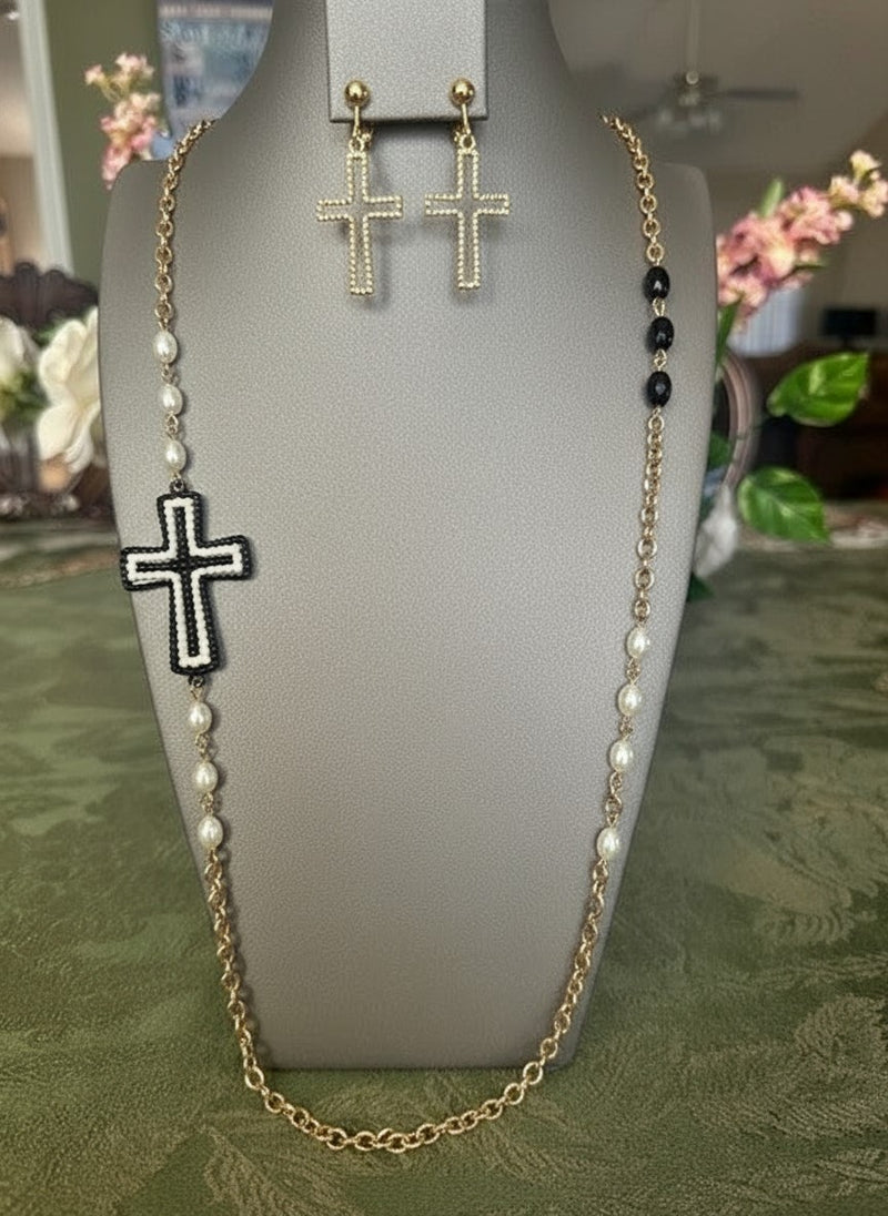 Clip on 36" long gold, black and pearl bead cross necklace and earring set