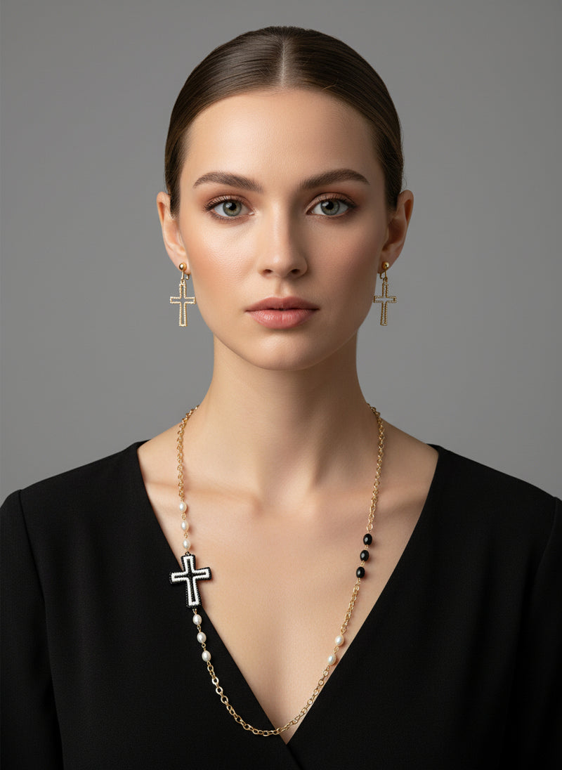 3PC Clip on silver, black flat bead multi strand necklace and earring set