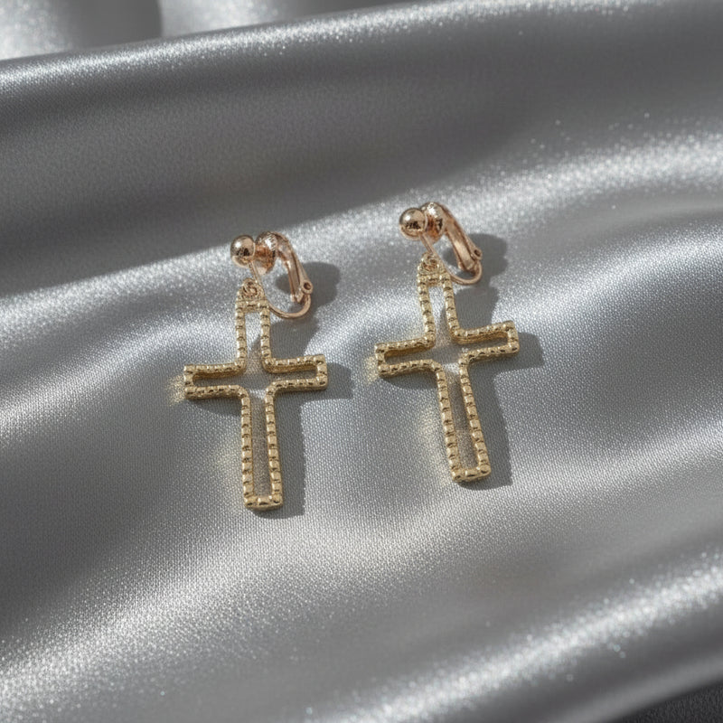 Clip on 36" long gold, black and pearl bead cross necklace and earring set