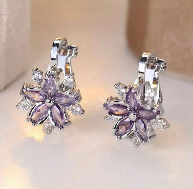 Clip on 1/2" small silver purple and clear stone flower earrings
