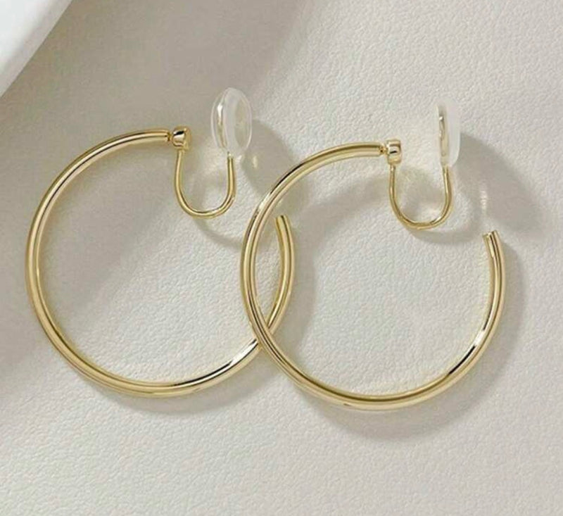 Clip on 2" comfort fit lightweight gold open back dangle hoop earrings