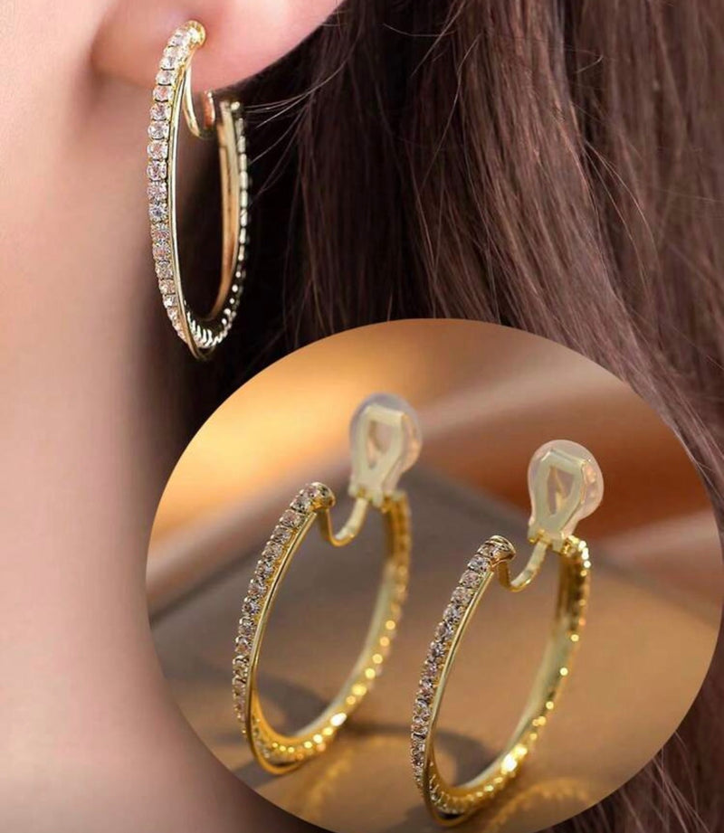 Clip on 1/2" silver double row star hoop earrings with clear stones