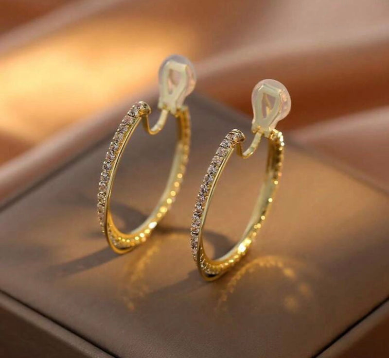 Clip on 1 1/2" gold clear stone and wire hoop earrings