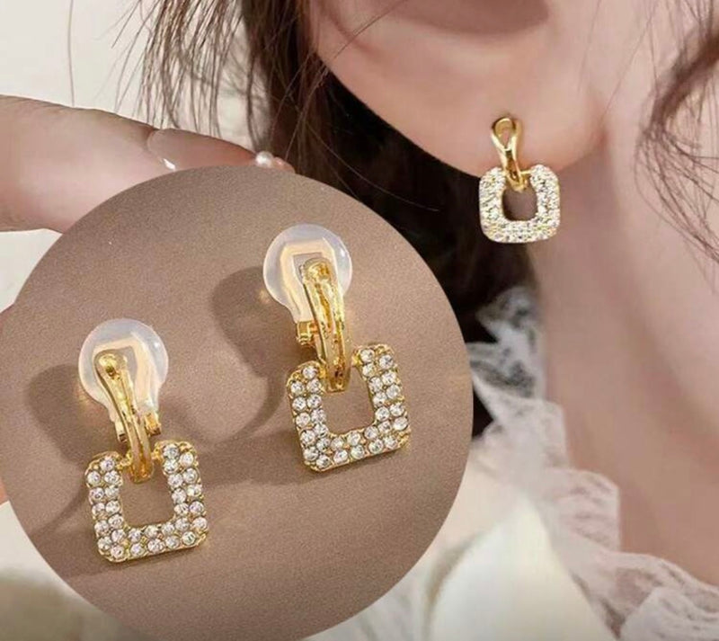 Clip on 1" gold clear stone dangle square earrings