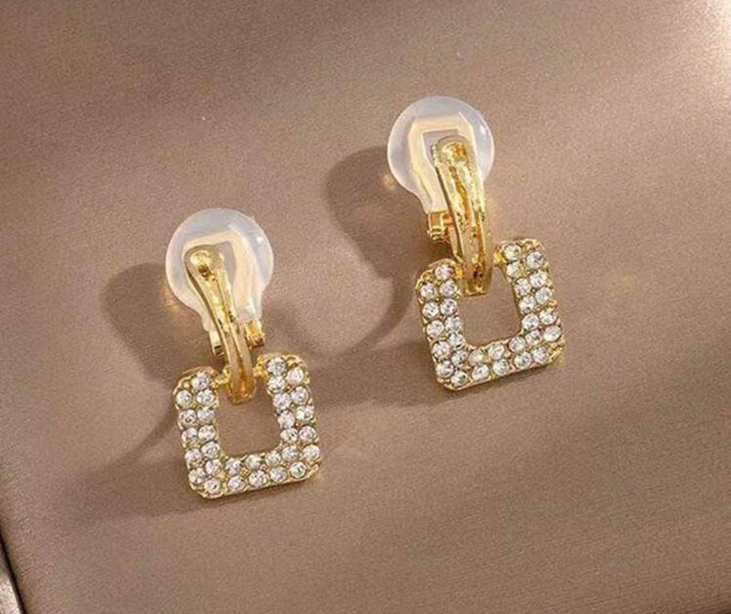 Clip on 1" gold clear stone dangle square earrings