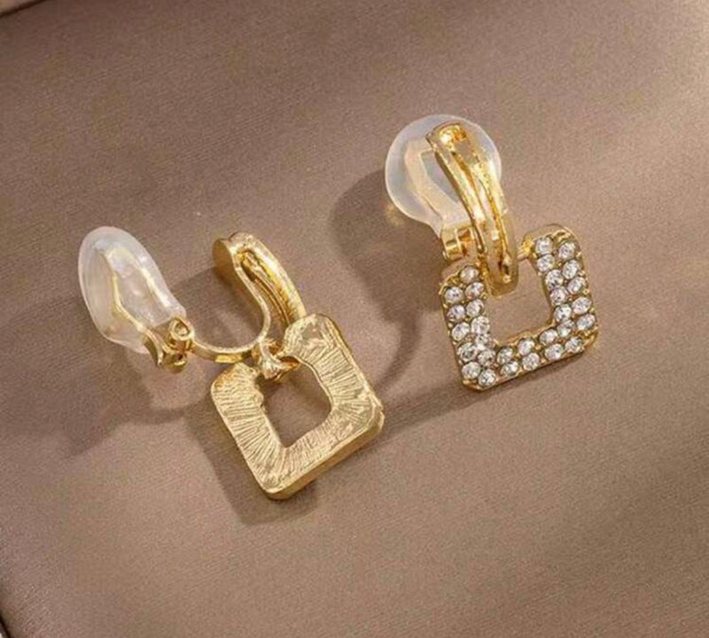 Clip on 1" gold clear stone dangle square earrings