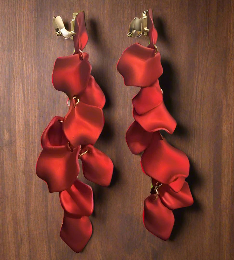 Clip on 5 1/4" Xlong gold chain flower red petal dangle earrings