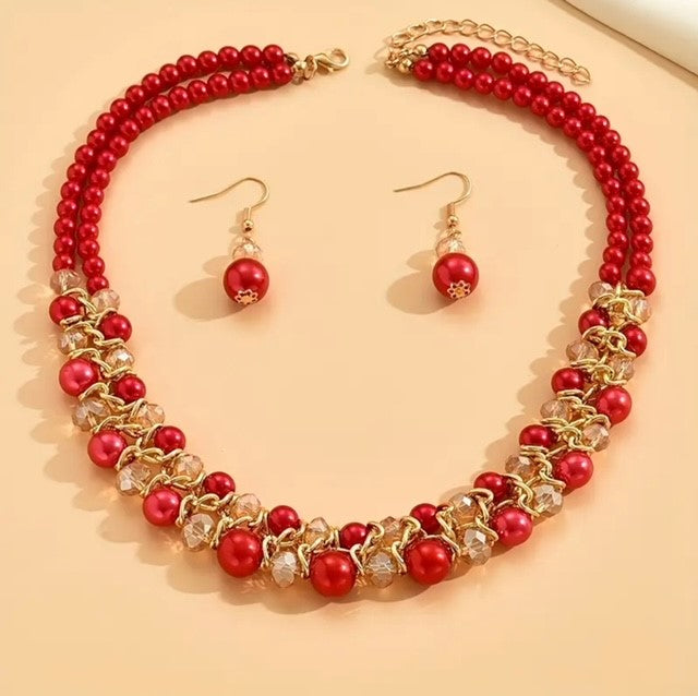 Pierced gold, red and brown bead multi strand necklace and earring set