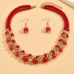 Pierced gold, red and brown bead multi strand necklace and earring set