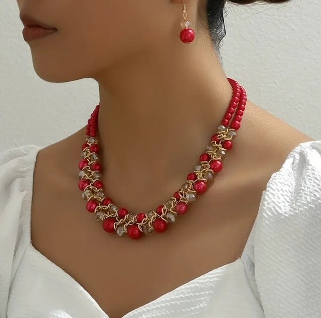 Pierced gold, red and brown bead multi strand necklace and earring set