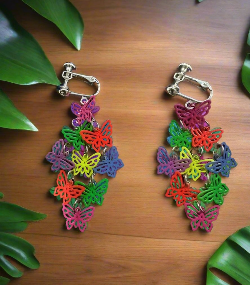 Clip on 2 1/2" silver and multi colored butterfly layered dangle earrings