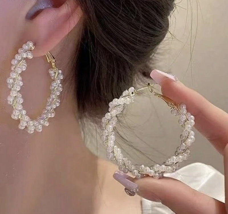 Pierced 2" gold wire and small pearl twisted hoop earrings