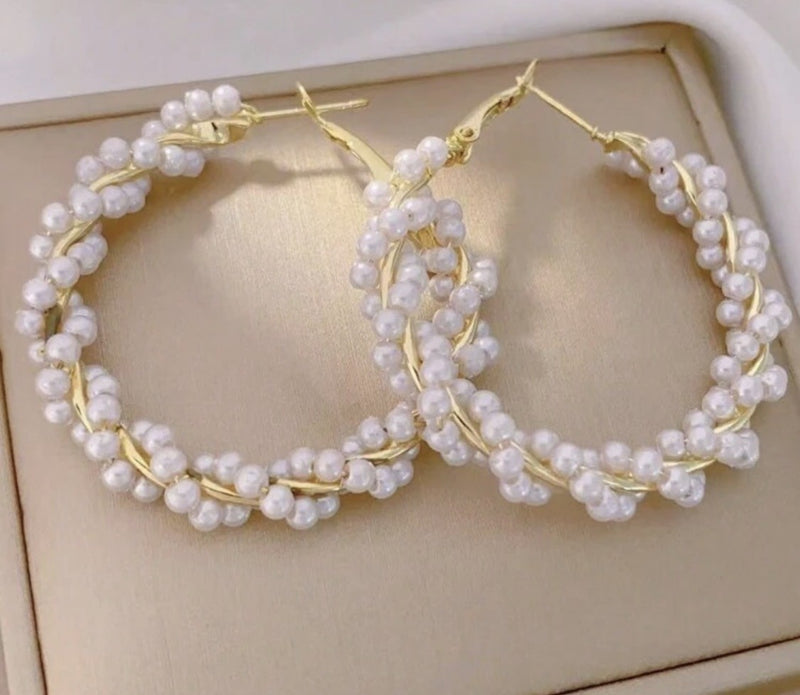 Pierced 2" gold wire and small pearl twisted hoop earrings