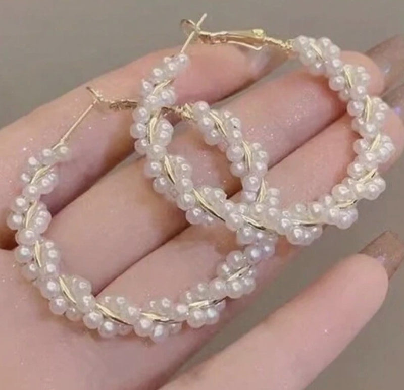 Pierced 2" gold wire and small pearl twisted hoop earrings