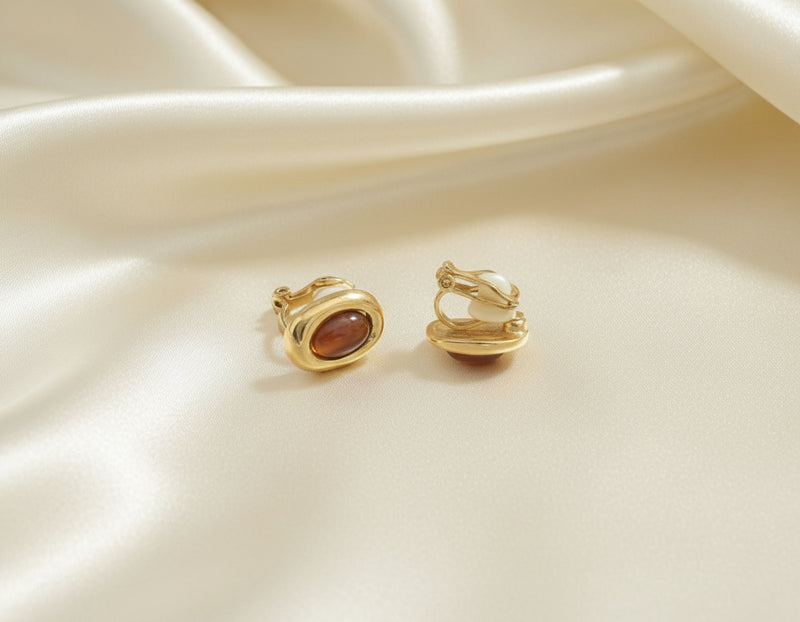 Clip on 1/2" small odd shaped gold and brown earrings