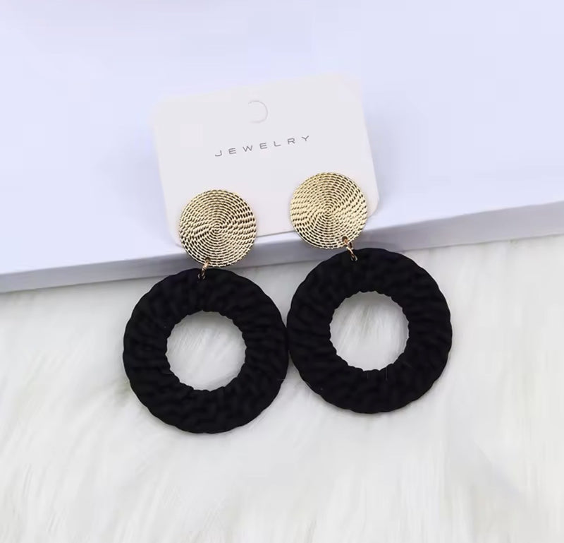 Clip on 2 1/2" round gold top earrings with dangle turquoise woven hoop