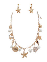 Clip on gold starfish, shell, white pearl charm necklace and earring set