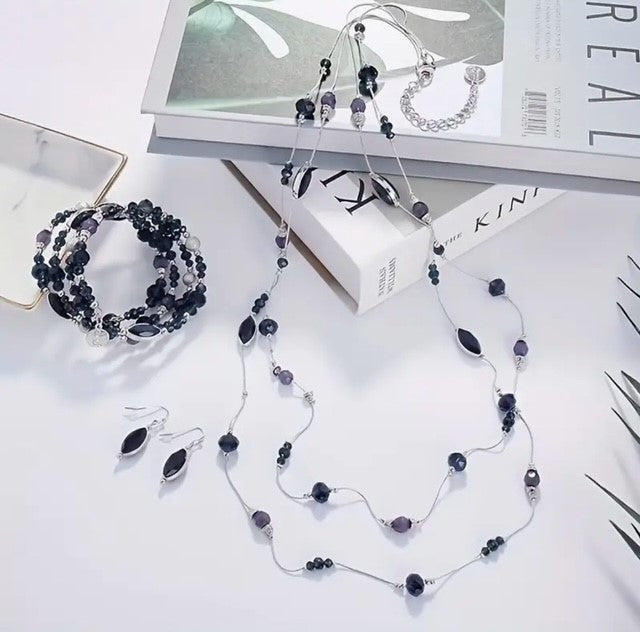 3pc pierced silver & blue bead long strand necklace, bracelet and earring set