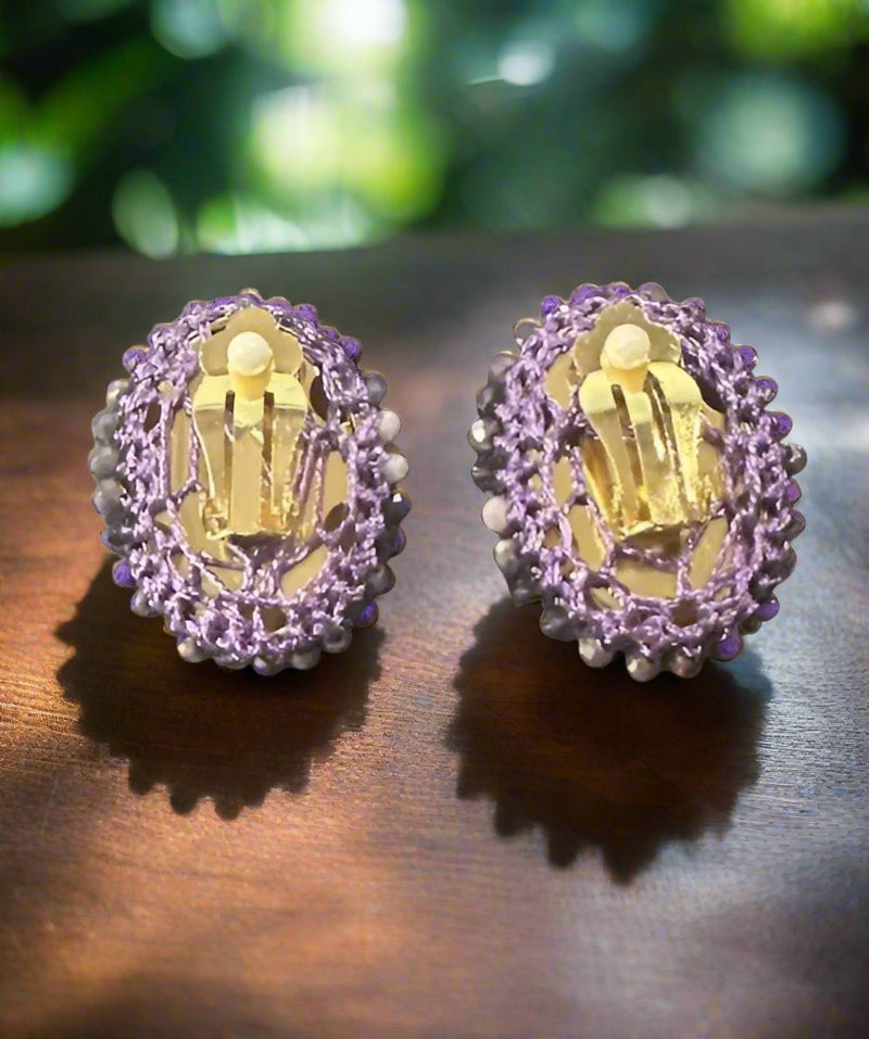 Clip on 1 1/2" gold and purple seed bead button style earrings