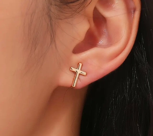 Clip on comfort coil 1/2" small gold cross button style earrings