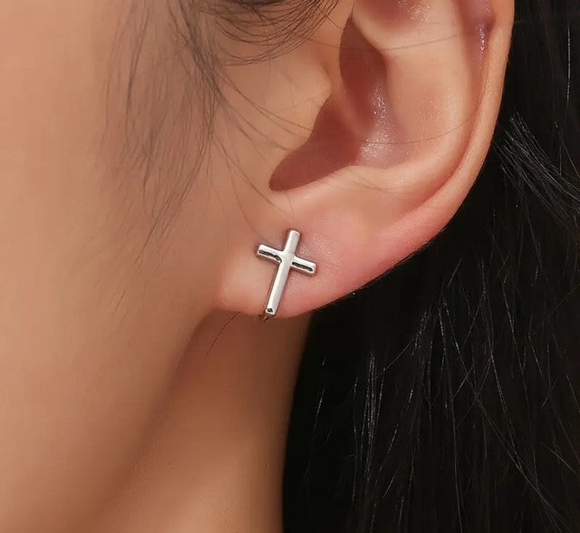 Clip on comfort coil 1/2" small silver cross button style earrings