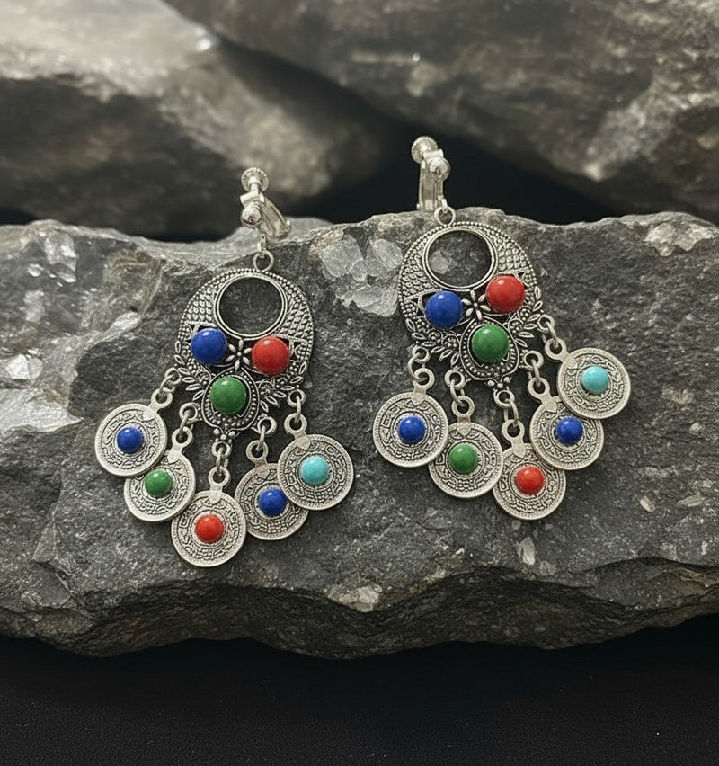 Clip on 2 3/4" long silver multi colored bead earrings with dangle circles