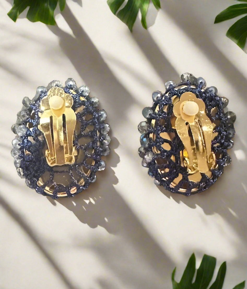 Clip on 1 1/2" gold and blue seed bead button style earrings