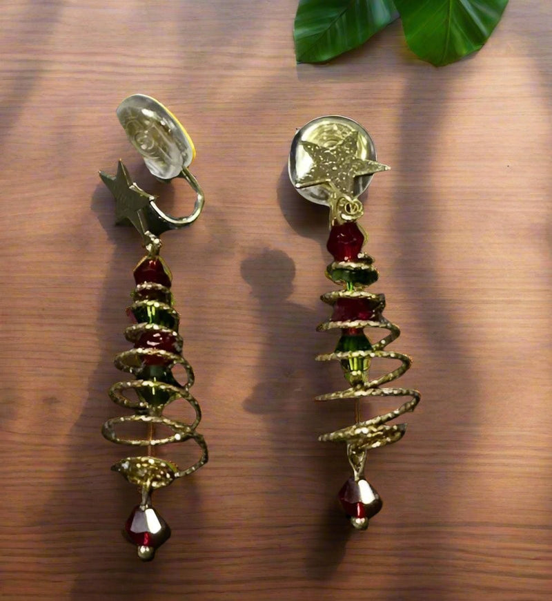 Clip on 2" gold comfort fit dangle red an green stone Christmas tree earrings