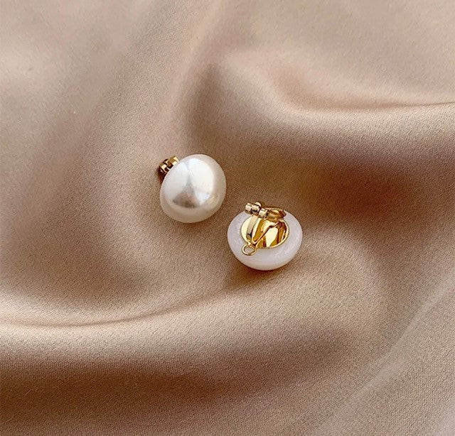 Clip on 3/4" gold and white round top button style earrings