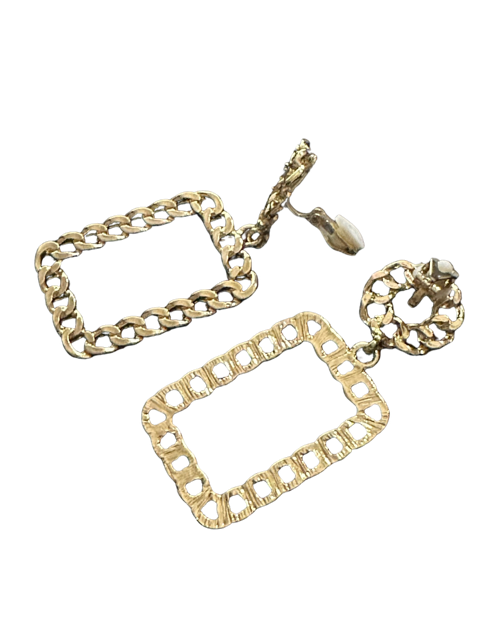 Clip on 2 1/2" gold chain link circle and square dangle earrings