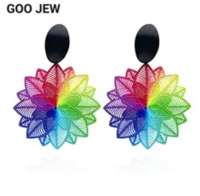 Pierced 2 1/2" black, red multi colored or purple multi colored flower earrings