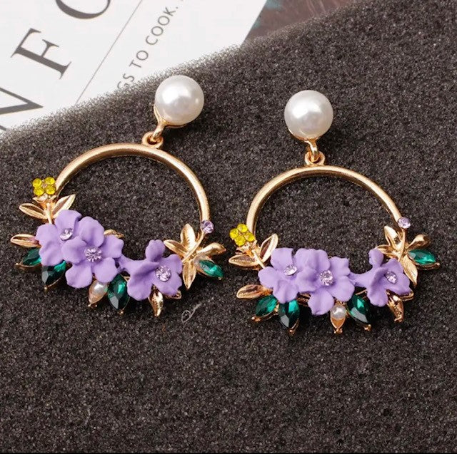 Pierced 2" gold hoop earrings with pearl, red, purple, yellow or pink flowers