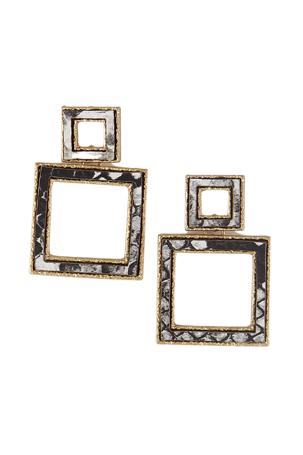 Pierced 1 1/2" gold double square black and white snake print earrings