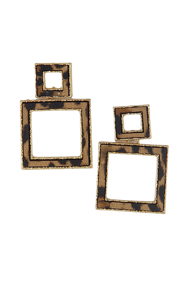 Pierced 1 1/2" gold double square brown animal print earrings