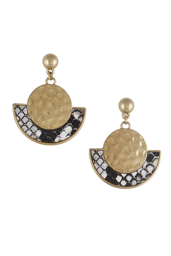 Pierced 2" hammered gold, black and white snake print dangle round earrings