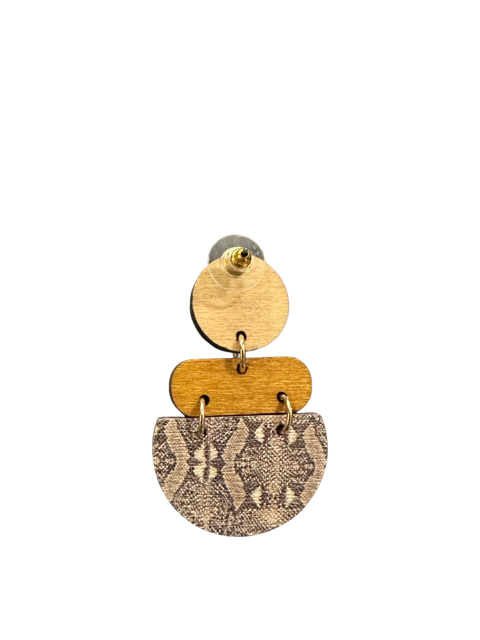 Pierced 2" gold and brown snake print dangle wood earrings