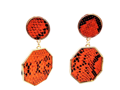 Pierced gold, orange and black snake print circle & octagon earrings
